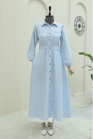 Beli Lastikli Boydan Düğmeli Çizgili Elbise -Bebe Mavi