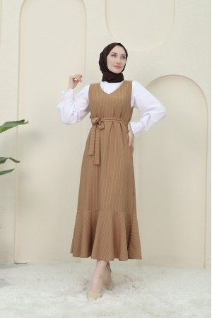 Çizgili Beli Kuşaklı Gömlek Jile Takım -Taba