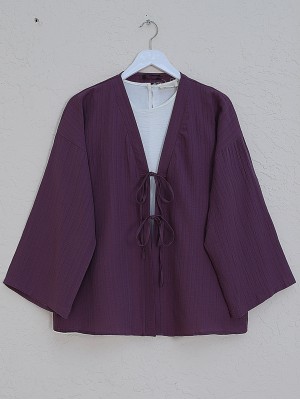 Önü Çift Bağcıklı Pantolonlu Krınkıl Takım -Mürdüm