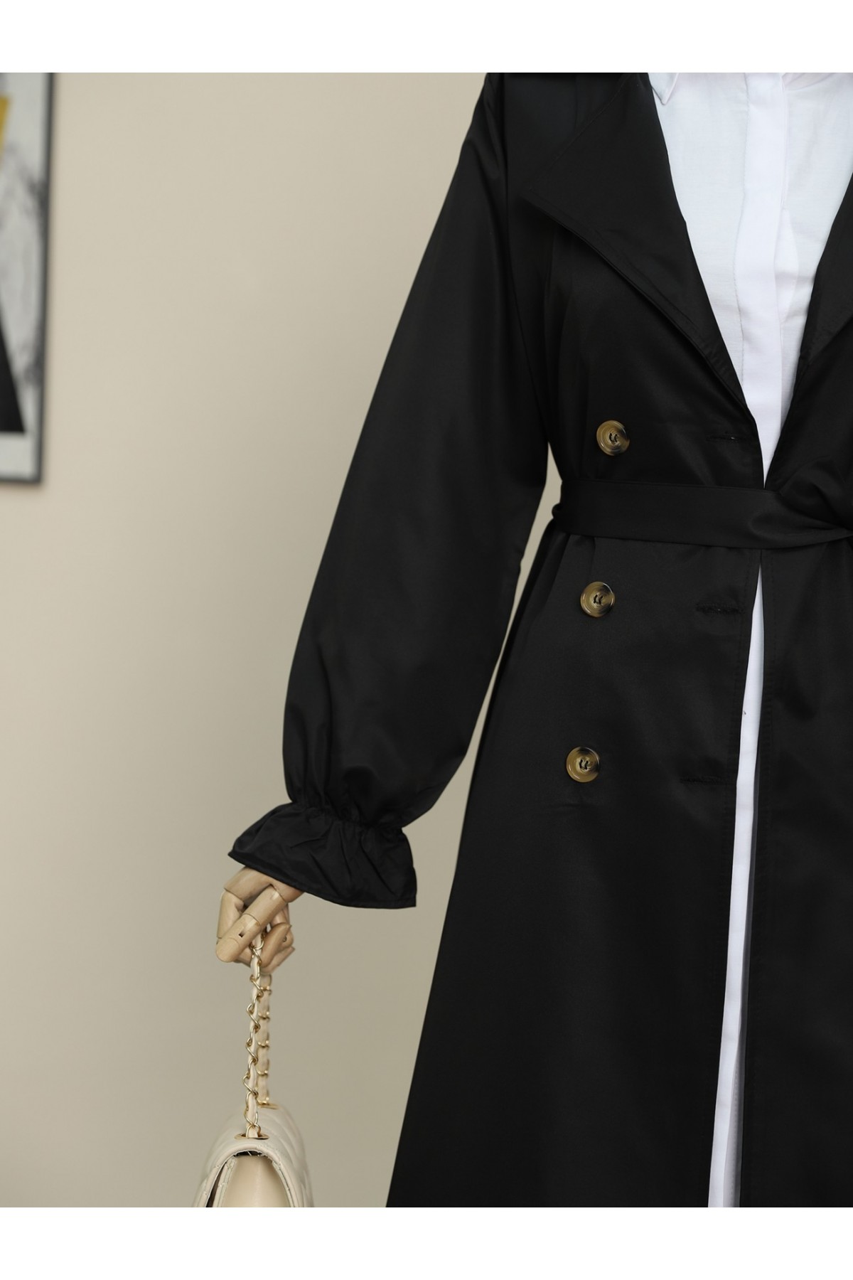 Double Buttoned Trench Coat with Elastic Cuff and Waist Tie -Black