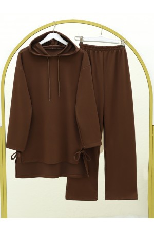 Oysho Fabric Hooded Set with Lace Detail on Slits -Brown