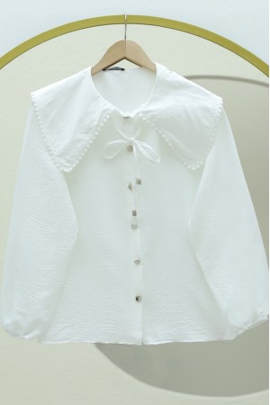 Bebe Yaka Dantelli Kolu Lastikli Gömlek -Beyaz