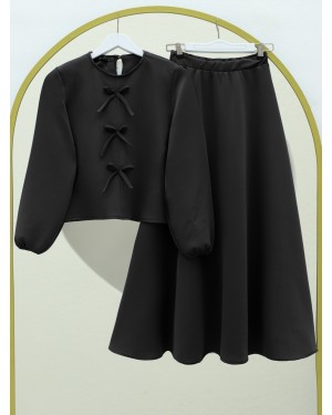 Önü Fiyonk Detaylı Etekli Scuba Takım -Siyah