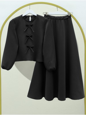 Önü Fiyonk Detaylı Etekli Scuba Takım -Siyah