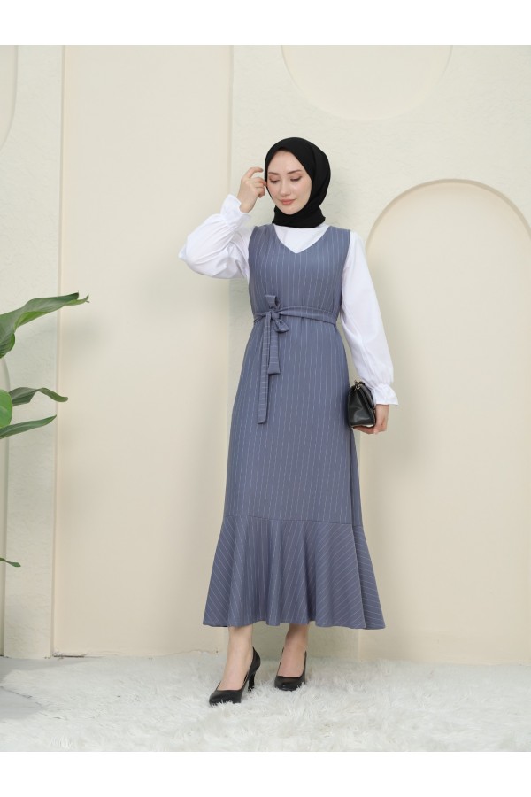Striped Waist Belted Shirt Gilet Set -Grey