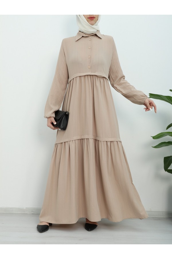 Partial Half Buttoned Sleeve Elastic Dress - Beige