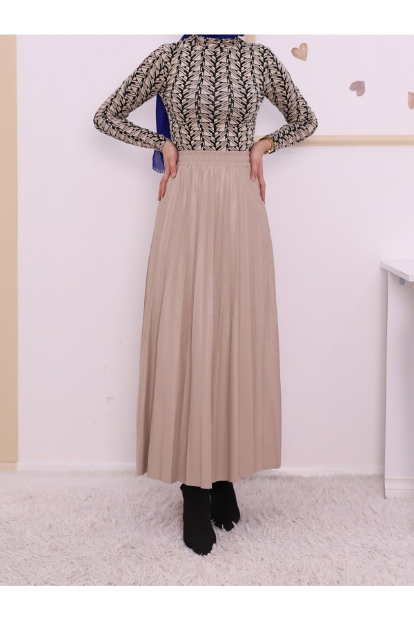 Pleated Leather Skirt with Elastic Waist - Beige