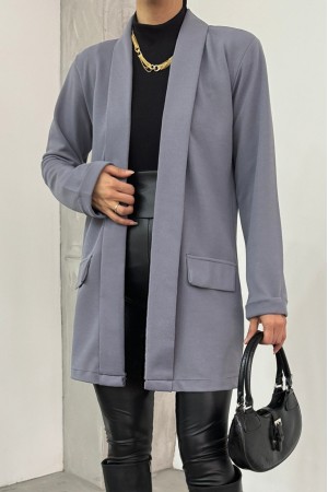 Yakası ve Kolu Katlamalı Cep Detaylı Krep  Ceket -Gri
