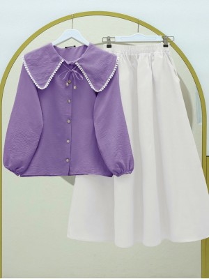 Bebe Yaka Dantelli Kolu Lastikli Gömlek -Lila