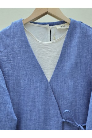 كيمونو من الكتان برباط جانبي -اللون النيلي