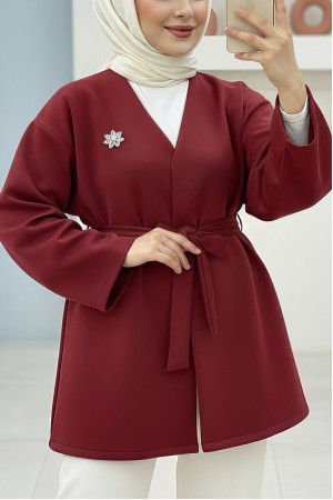 Brooch Detailed Belted Scuba Jacket -Maroon
