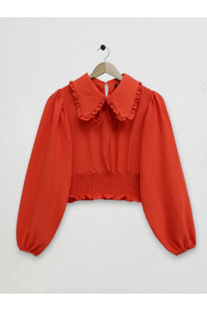 Beli Lastikli Bebe Yaka Uzun Kol Bluz -Nar Çiçeği