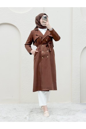 معطف مزدوج الزر شال الكتف الخصر خندق -بني محروق
