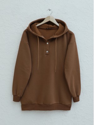 Snap Collar Hooded Raised Three Thread Sweater -Brown