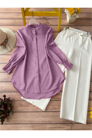 Kol Manşeti Drapeli Oval Kesim Gömlek   -Vişne