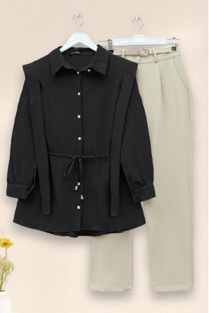 İnci Düğmeli Omuzu Ve Beli Bağlamalı Krinkıl Gömlek -Siyah