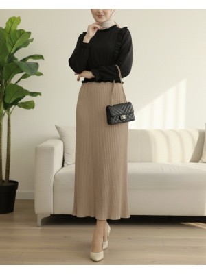 Beli Lastikli Pliseli Kalem Etek -Vizon