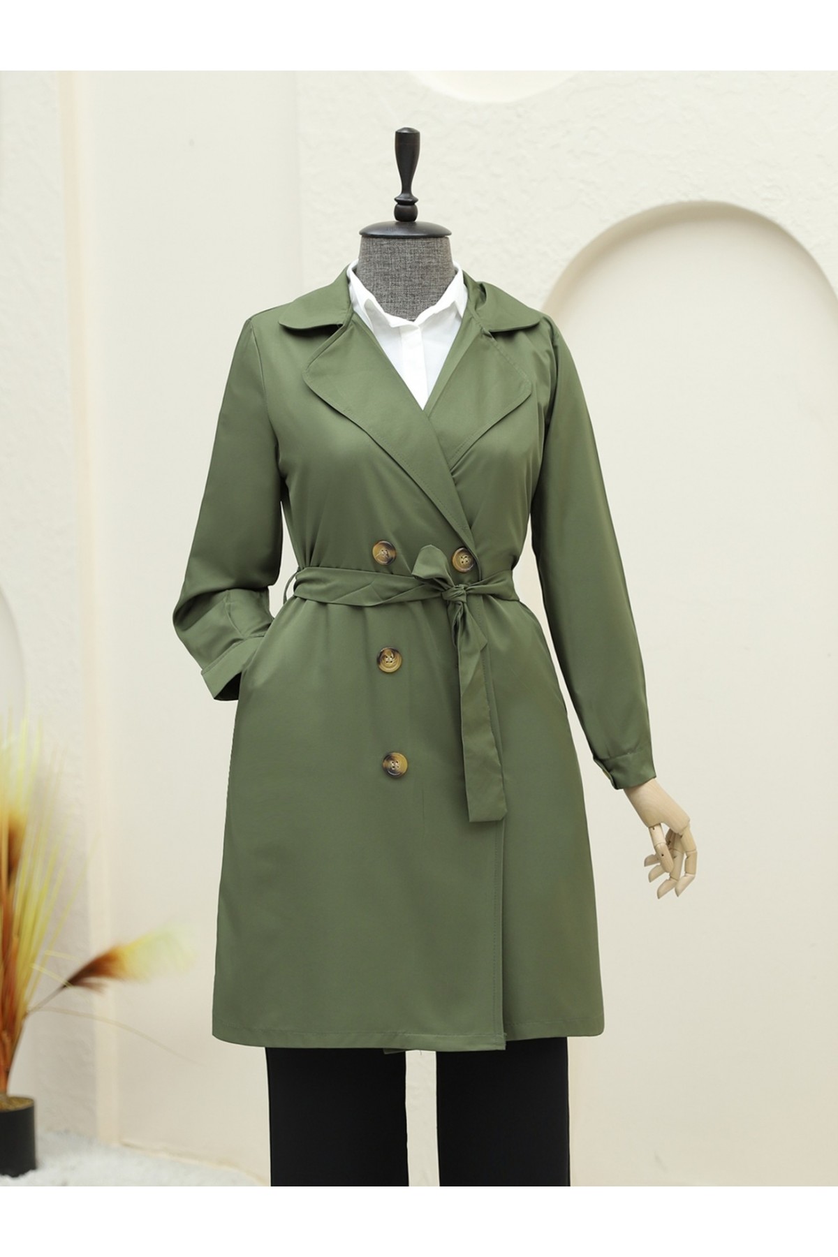 Buttoned Front Belted Pocket Trench Coat -Khaki