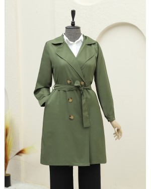 Buttoned Front Belted Pocket Trench Coat -Khaki