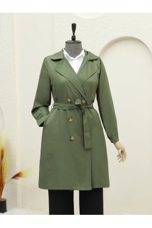 Önü Düğmeli Kuşaklı Cepli Trençkot -Haki