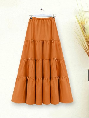 Kurdele Detaylı Parçalı Beli Lastikli Etek -Turuncu