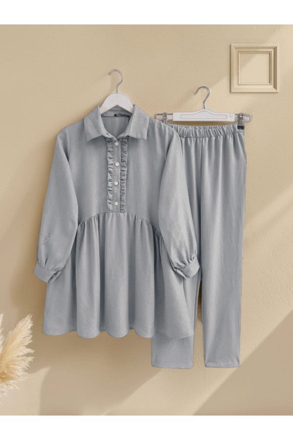 Half Buttoned Linen Suit with Ruffle Front -Grey