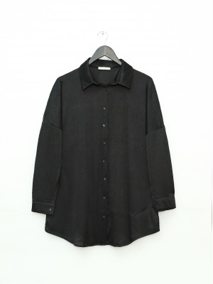 Boydan Düğmeli Jakarlı Oversize Gömlek -Siyah