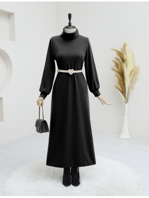 Turtleneck Corduroy Dress -Black