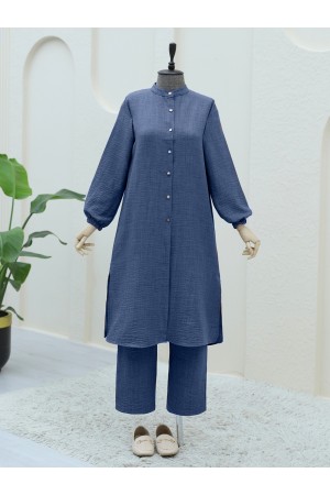 Metal Düğmeli Kolu Lastikli Pantolonlu  Takım  -İndigo