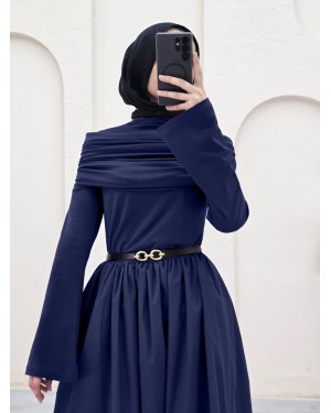 Poplin Skirt and Sendy Two Piece Pleated Dress -Navy blue