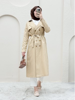 Çift Düğmeli Şal Omuz Belden Bağlamalı Trençkot -Bej