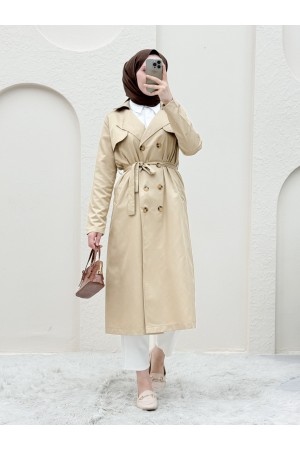 Çift Düğmeli Şal Omuz Belden Bağlamalı Trençkot -Bej