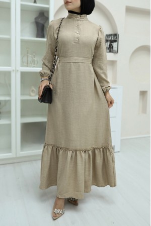 Linen Dress With Ruffled Collar, Button Detail And Pieced Skirt - Beige