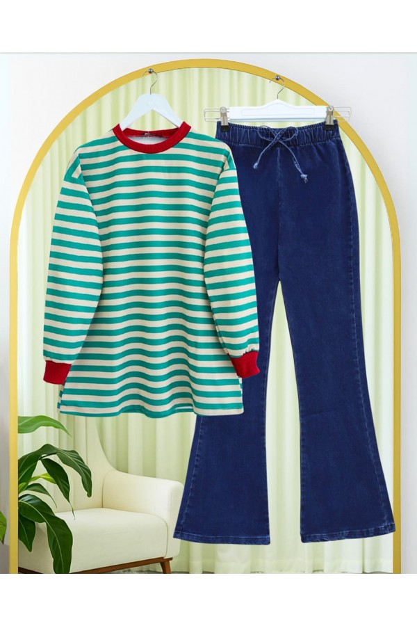 Colorful Striped Round Neck Sweater -Emerald