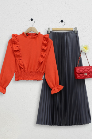 Robadan Fırfırlı Beli Büzgülü Ayrobin Bluz -Nar Çiçeği