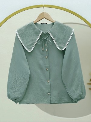 Bebe Yaka Dantelli Kolu Lastikli Gömlek -Mint