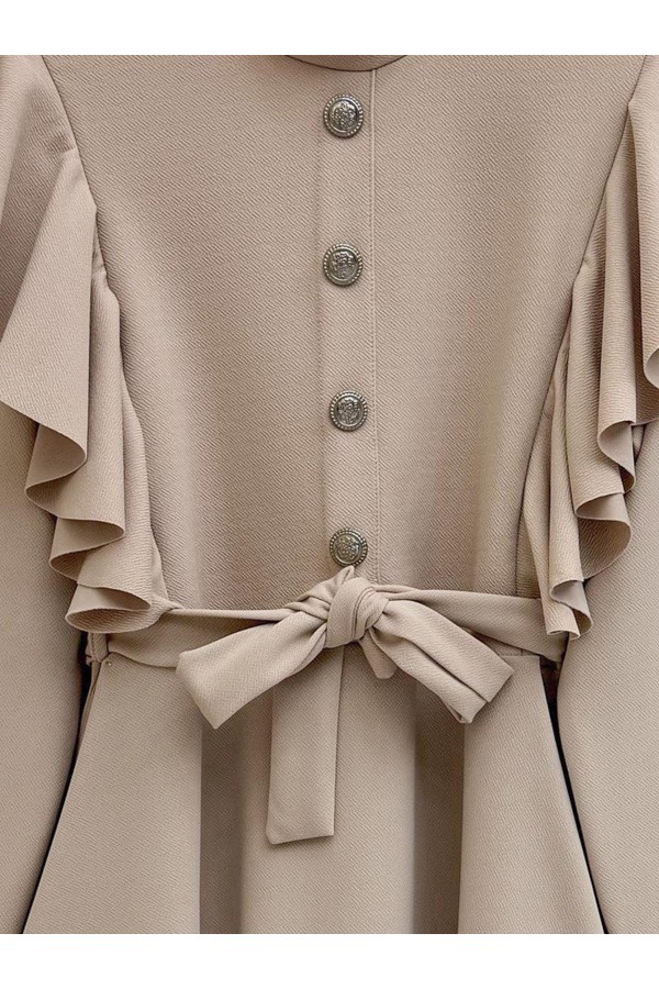 Button Detailed Ruffle Shoulder Suit - Beige