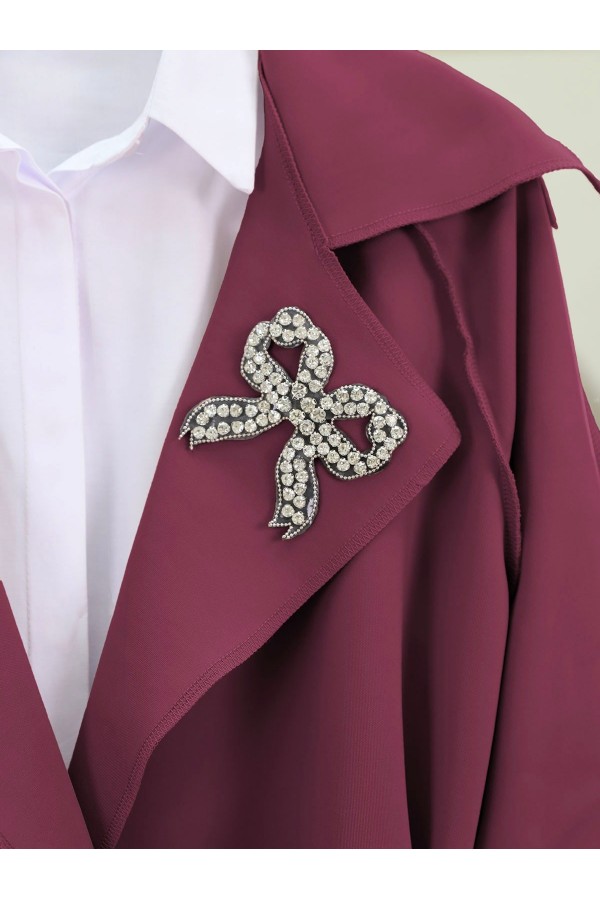 Yakası Taş Armalı Kemerli Scuba Kimono -Bordo
