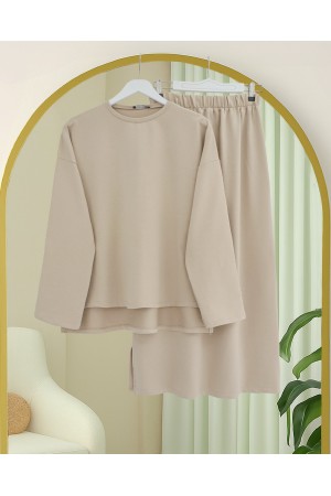 Two-Piece Combed Cotton Suit with a Long Slit at the Back and Skirt - Beige