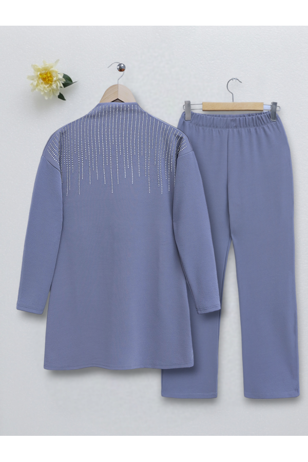 Judge Collar Front Stone Detailed Trousers Suit -Grey