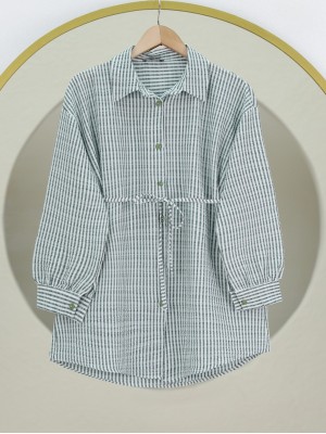 Boydan Düğmeli Bağcıklı Çizgili Bürümcük Gömlek -Yeşil