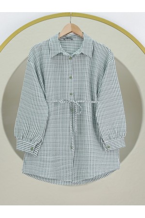 Boydan Düğmeli Bağcıklı Çizgili Bürümcük Gömlek -Yeşil