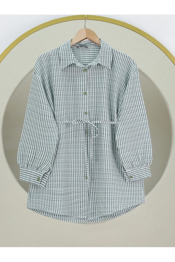 Buttoned Lace-Up Striped Crepe Shirt -Green