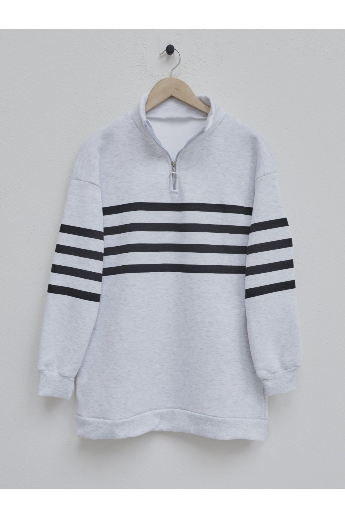 Fermuralı Uç İp Kıslık Polar Sweat  - Light grey