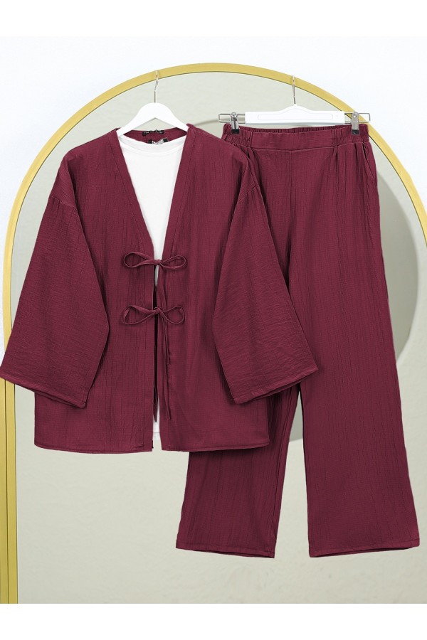 Crinkle Suit with Double Laced Front Trousers    -Maroon