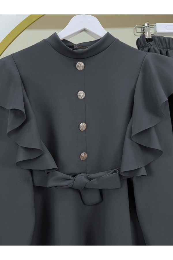 Button Detailed Stand Collar Ruffle Shoulder Scuba Suit   -Smoked 