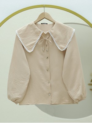 Bebe Yaka Dantelli Kolu Lastikli Gömlek -Vizon