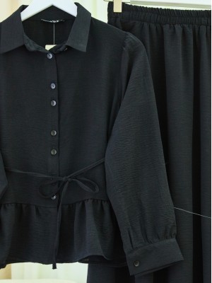 Pieced Pleated Blouse Skirt Set -Black