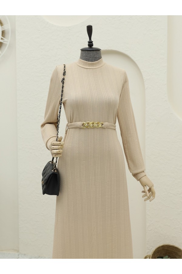Belted Stand Collar Lycra Long Dress - Beige