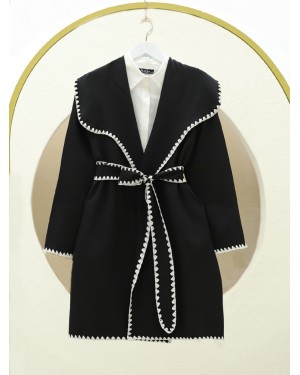 Embroidered Belted Baby Collar Kimono -Black